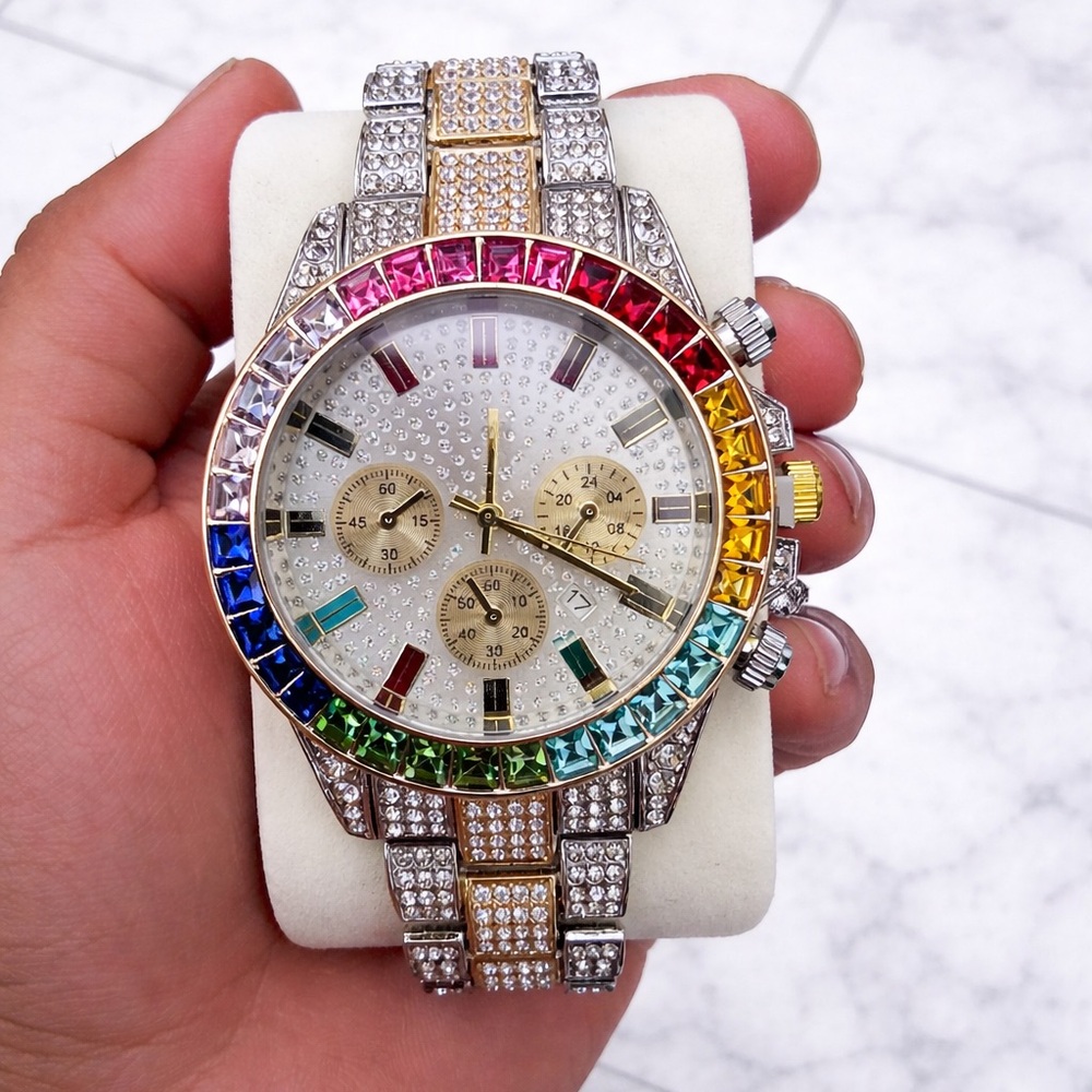 Rainbow Crystal Accent Gold-Tone Chronograph Watch